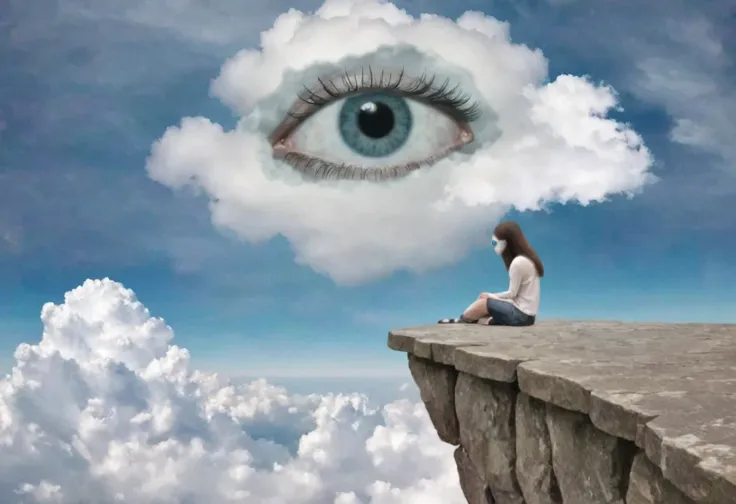 a surreal scene where a woman sits on the edge of a stone ledge, gazing at the sky adorned with a massive eye peering out from b...