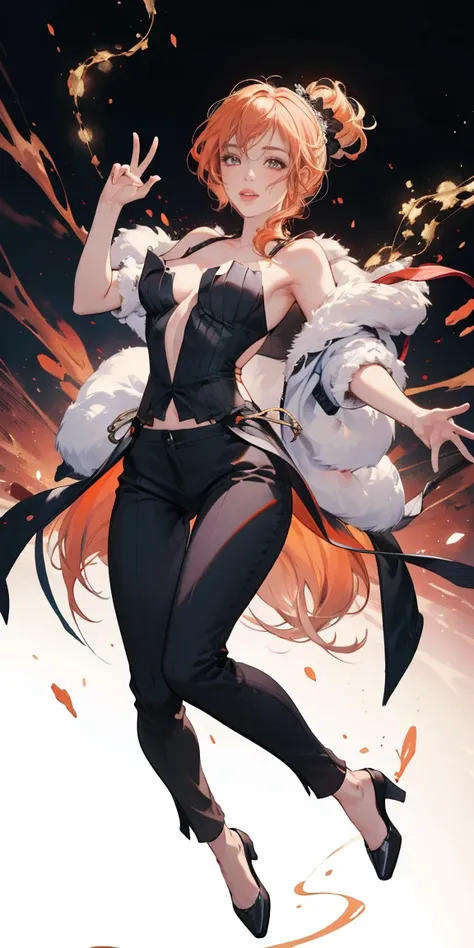 full-body close-up, create an elegant atmosphere), black pants, Black top, Orange short hair, graceful flowing, elegant movements, lustful smirking smile expression (red blush), floating in the air, (1girl), slim figure) Ice background 
