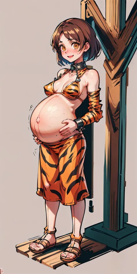 (Masterpiece, best quality, intricate details, 1sologirl pregnant, plain background:1.2) iron collar, arms behind back, iron cuffs, shackles, bound ((standing by wooden pole:1.2)) looking from above happy closed mouth, yellow tiger bikini