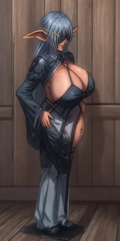 Character: Dark elf skin, extremely huge breasts, maternal ((standing by wooden pole:1.2)) looking from above happy closed mouth ((Dark elf skin)) looks at the viewer smiling, extremely huge breasts, maternal, chest cover with clothes, Blindfolded: NO EYES