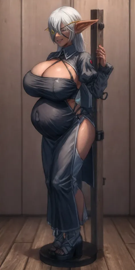 Character: Dark elf skin, extremely huge breasts, maternal ((standing by wooden pole:1.2)) looking from above happy closed mouth ((Dark elf skin)) looks at the viewer smiling, extremely huge breasts, maternal, chest cover with clothes, Blindfolded: NO EYES