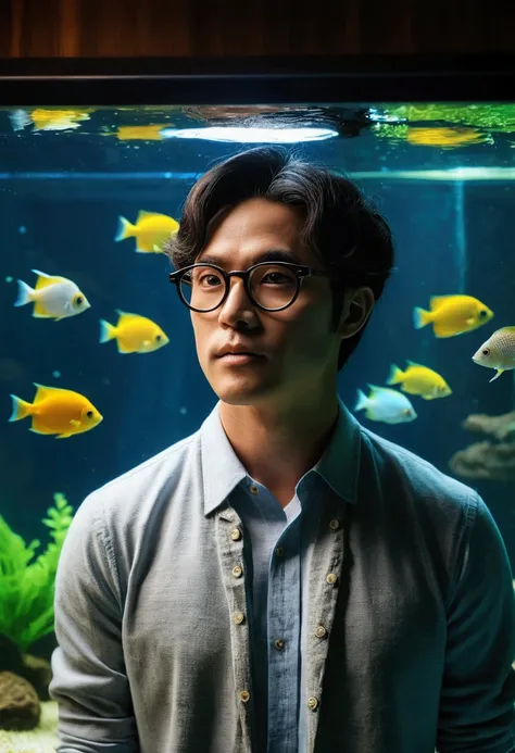 ((((((((Aquarium)))))))、((((((tropical fish))))))、Inside the room、Adult male、Handsome、wear glasses、Emotional、City Pop、