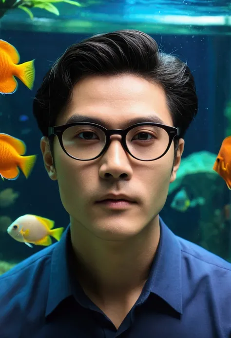 ((((((((Aquarium)))))))、((((((tropical fish))))))、Inside the room、Adult male、Handsome、wear glasses、Emotional、City Pop、