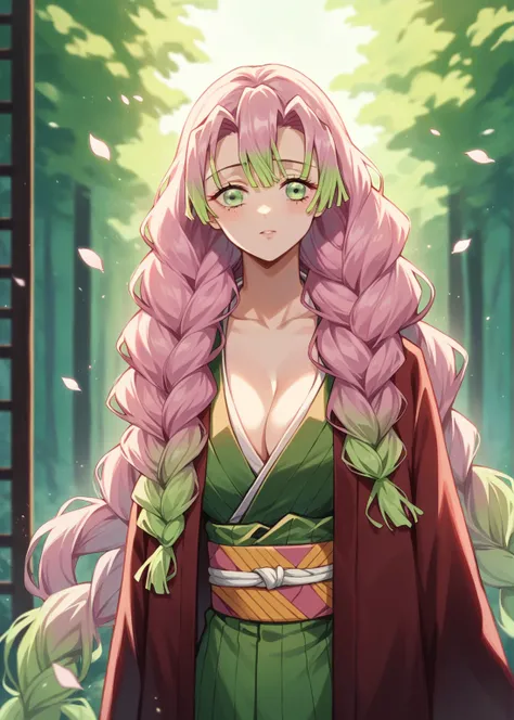 ( The most beautiful masterpiece , Beautiful light , woman ) Kanroji Mitsuri, Kimetsu no Yaiba , green eyes , pink hair green , Single person pic , Light purple yukata , red coat, In the forest , Show the evening sun