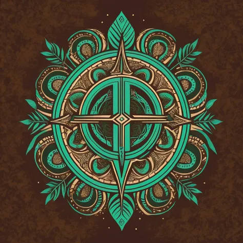 "Tribal, vector; Complementary color palette (brown, green). Design with the word Roots in a tribal font. Add a design of ethnic patterns and tribal symbols around the word. Surrealist style, synthwave: vector, central composition, simple background.::2 mo...