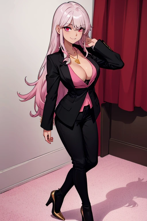 female, silver messy long hair, red eyes, tanned skin, (((1girl))), (((black blazer))), (pink shirt), (black dress pants), (black heels), (necklace with gold pendant), cute and sexy, full body, big breasts, long legs, smiling, cleavage