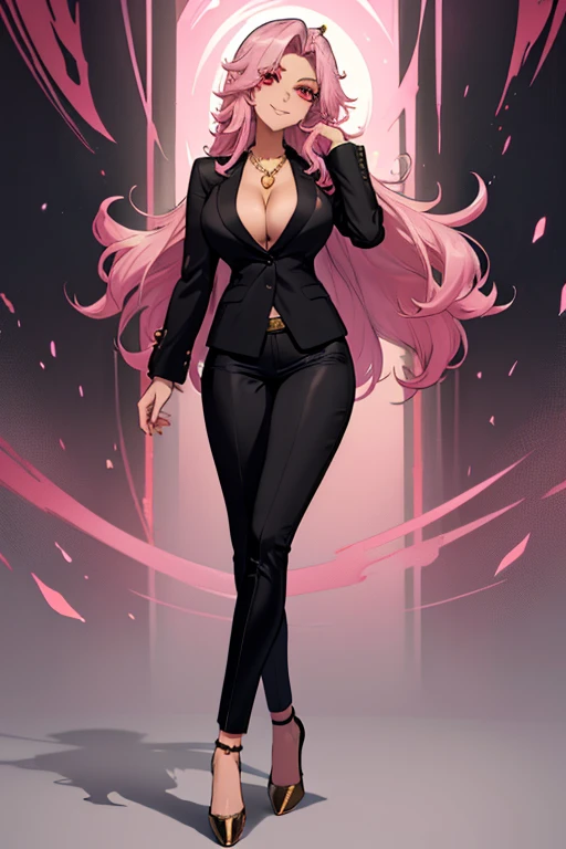 female, silver messy long hair, red eyes, tanned skin, (((1girl))), (((black blazer))), (pink shirt), (black dress pants), (black heels), (necklace with gold pendant), cute and sexy, full body, big breasts, long legs, smiling, cleavage