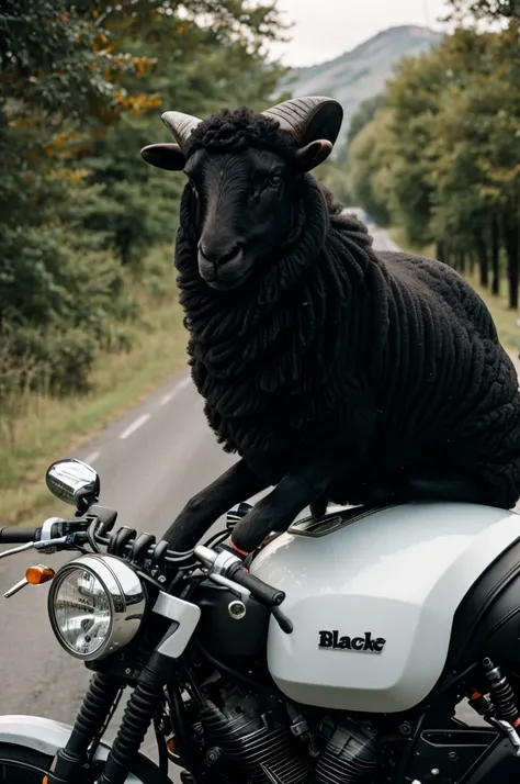 black sheep on motorcycle