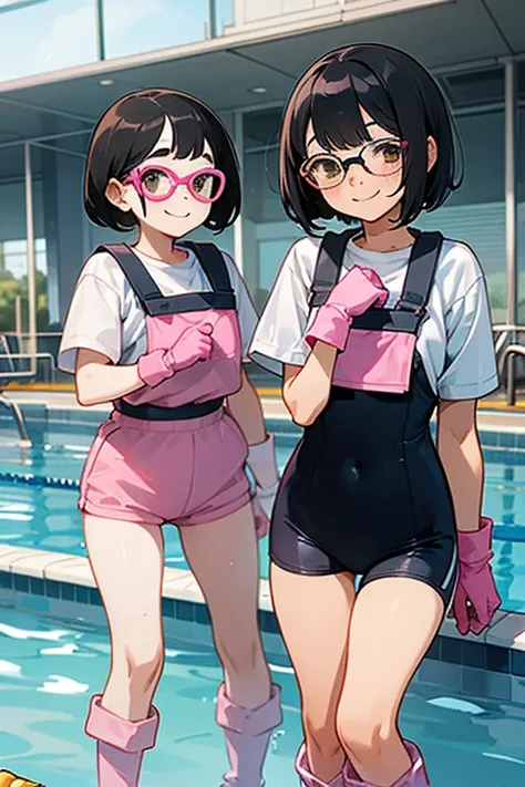 Two elementary school girls with black hair, bob hair, freckles and glasses, wearing short sleeve gym clothes and large pink rubber gloves and white rubber boots, are smiling as they clean the school pool.