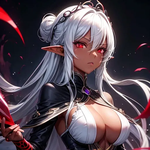 expensive、Slim figure。
- Long silver hair tied back。
- Sharp red eyes、Always keep a calm expression。
- A dark-skinned elf dressed as a gorgeous black and purple chef