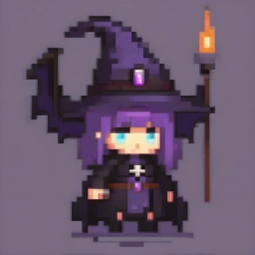 A chibi female character in dark purple and black necromancer robes from a gothic fantasy setting, holding a skull staff. She has bat wings and a skeletal tail, glowing crimson eyes, and twisted ram horns. The staff emits a dark shadow effect, and she is i...