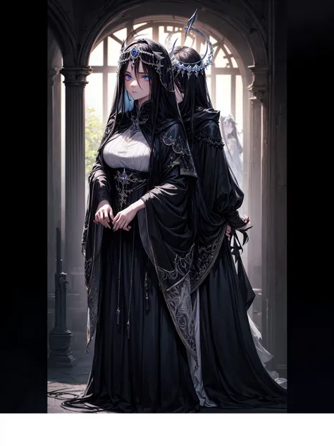 a young dark fantasy church priestess, with long black hair and white streaks, wearing an eyepatch on one eye, and her blueish green eyes, she cares a serious expression on her face and an angel like appearance, she wears elegant yet simple and modest blac...