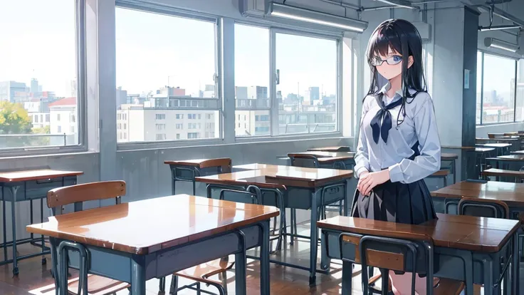 young girl, high , classroom, skirt, light blue eyes, black hair, glasses, quiet, elegant