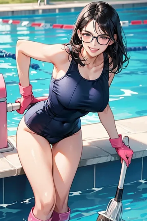 A mature woman with black hair and glasses wearing a navy blue school swimsuit and large pink rubber gloves and white rubber boots is smiling as she cleans the school pool.　