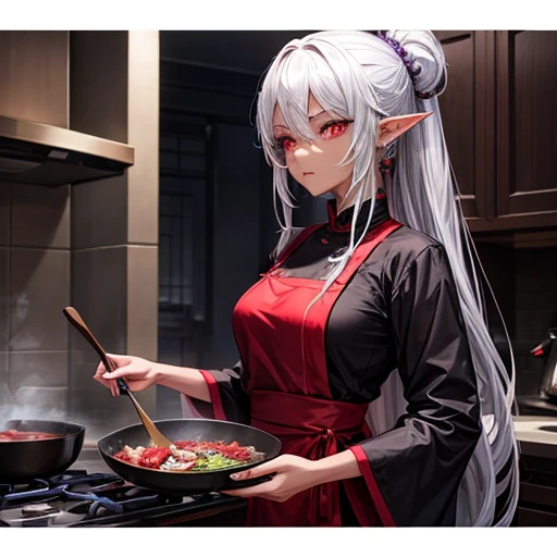 expensive、Slim figure。
- Long silver hair tied back。
- Sharp red eyes、Always keep a calm expression。
- A dark-skinned elf in gorgeous black and purple cooking attire　Chef Uniform