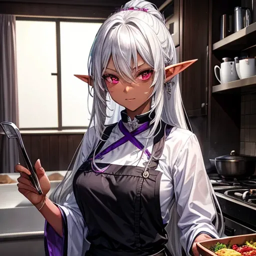 expensive、Slim figure。
- Long silver hair tied back。
- Sharp red eyes、Always keep a calm expression。
- A dark-skinned elf in gorgeous black and purple cooking attire　Chef Uniform