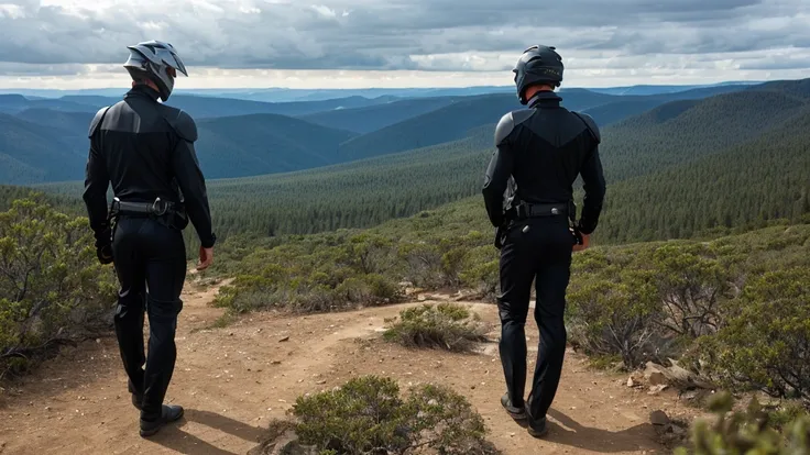 a luxury sales suit man wearing a black rider full-face helmet overlooking wilderness,full body,standard rider black full face h...