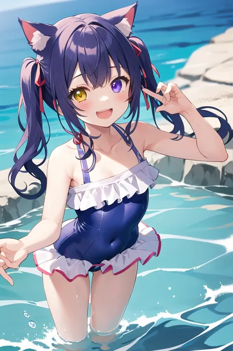 Girl、cute、Yandere、Menhera、Idol、Lori、コン、cute、Blue or purple heterochromia、Pink Hair、Long Hairstyles、Twin tails、Cat ear、Big ribbon、cute、Spoiled、Watery eyes、heart，smile、be happy、Red cheeks、Ocean、dress swimsuit、Water gun、playing、Water Play