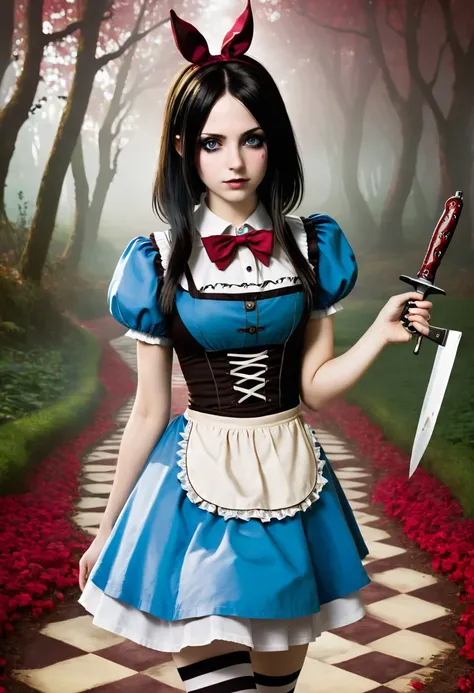 teenager with big breasts, dressed as alice madness returns, with few clothes, a knife, in Wonderland 