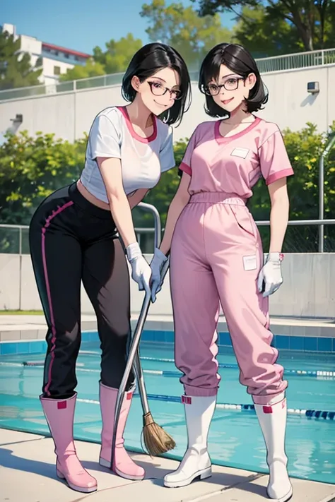 Two mature women with black hair and glasses, wearing short sleeves, long pants and gym clothes, wearing large pink rubber gloves and white rubber boots, smiling as they clean the school pool.