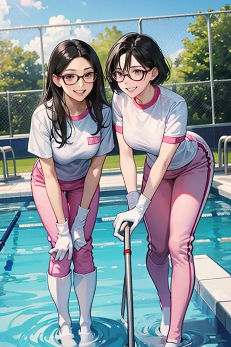 Two mature women with black hair and glasses, wearing short sleeves, long pants and gym clothes, wearing large pink rubber gloves and white rubber boots, smiling as they clean the school pool.