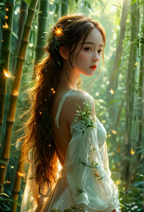 Exquisite illustration style，A girl，White Dress，firefly，Summer，bamboo forest，Dreamy atmosphere