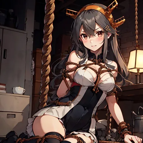 haruna_kantaicollection,(masterpiece:1.4),(best quality:1.4), (amazing), (great illustration:1.4), (ultra-detailed:1.4), art CG,8K,KonishiCSA,1girl,solo,
(restrained:1.4), (shackles:1.4), (rope:1.6),blush,
