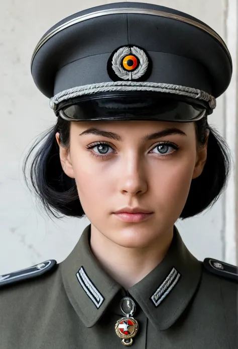 A young woman with black hair and gray tips. His eyes are white with gray pupils and he has a modernized German military uniform. 