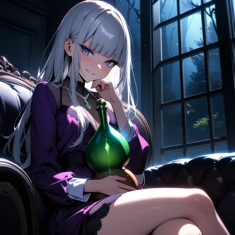 (masterpiece),(best quality),very aesthetic,(ultra-detailed),high saturation,nsfw,1girl,16yo,slender,long hair,silver hair,straight hair,(blunt bangs),dark blue alluring eyes,smirk,(Ruthless smile),look down on with disdain,(head tilt:0.5),Gorgeously carve...