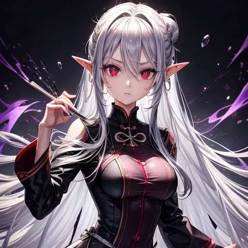 expensive、Slim figure。
- Long silver hair tied back。
- Sharp red eyes、Always keep a calm expression。
- Gorgeous black and purple chef uniform　Brown skinned elf