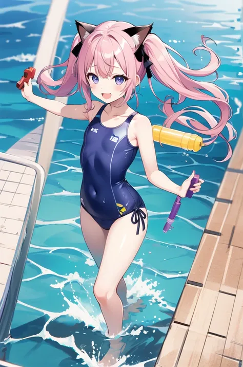 Girl、cute、Yandere、Menhera、Idol、Lori、コン、cute、【Blue or purple eyes】、【Odd Eye】、Pink Hair、Long Hairstyles、Twin tails、Cat ear、Big ribbon、cute、Spoiled、Watery eyes、heart，smile、be happy、Red cheeks、Ocean、dress swimsuit、Water gun、playing、Water Play