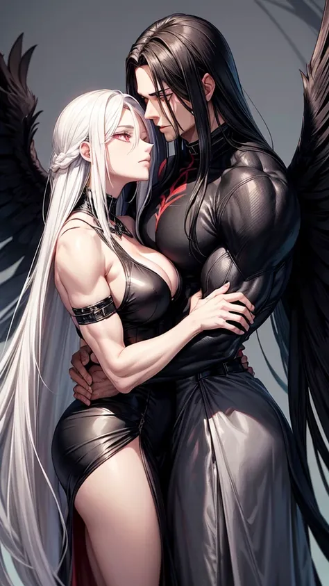 Draw me anime of a mature woman with long white hair,she had a red eye,beside her there was muscular man with short black hair,and black wings behind him. Theyre hugged each other, background aesthetic behind them