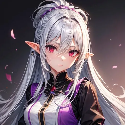 expensive、Slim figure。
- Long silver hair tied back。
- Sharp red eyes、Always keep a calm expression。
- Gorgeous black and purple chef uniform　Brown skinned elf