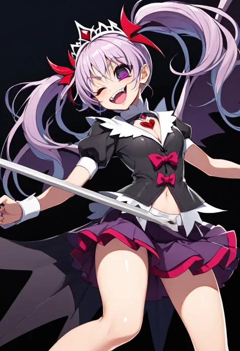 Cure Happy, Twin tails, Devil Wing Hair Ornament, skirt, tiara, Wrist cuff, Dark purple shorts, shorts under skirt, boots, , Hollow Eyes, Half-closed eyes, Wicked Smile, Crazy Smile, Open your mouth, One girl, Dark Magical Girl,Evil Fallen Magical Girl,Dar...