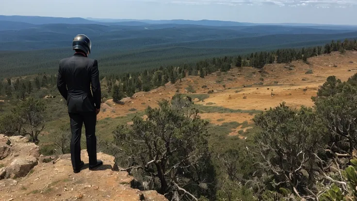 a luxury sales suit man wearing a black rider full-face helmet overlooking wilderness,full body,standard rider black full face h...