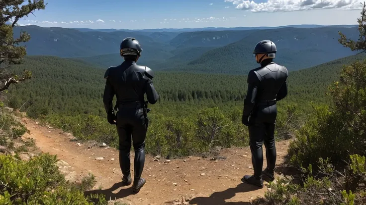 a luxury sales suit man wearing a black rider full-face helmet overlooking wilderness,full body,standard rider black full face h...