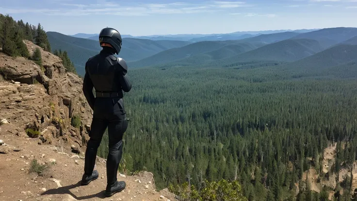 a luxury sales suit man wearing a black rider full-face helmet overlooking wilderness,full body,standard rider black full face h...