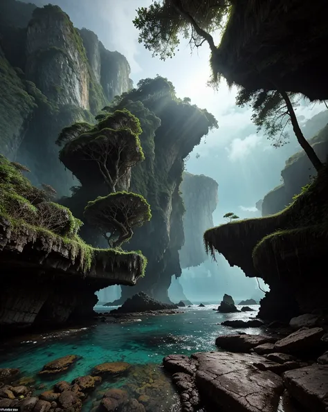 a mysterious tropical island, lush green jungle, misty atmosphere, ancient ruins, crumbling stone structures, overgrown with vines, shafts of sunlight filtering through the canopy, weathered and mossy, mysterious ancient symbols, glowing crystals embedded ...