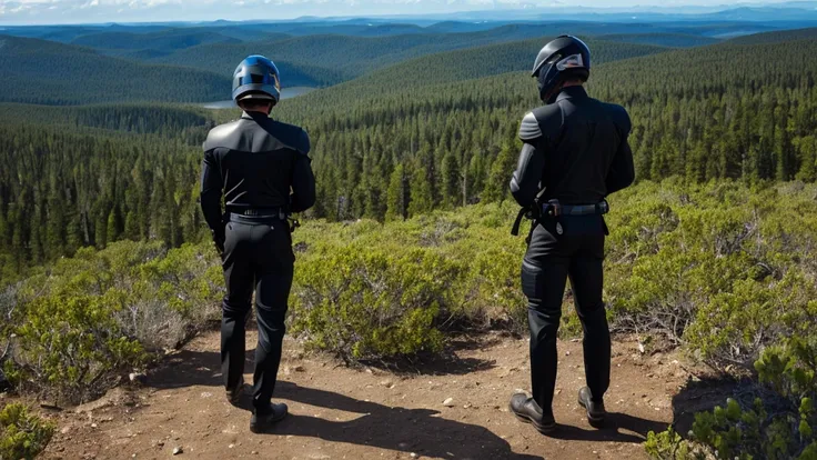 a luxury sales suit man wearing a black rider full-face helmet overlooking wilderness,full body,standard rider black full face h...