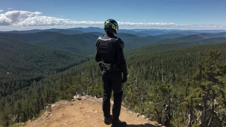 a luxury sales suit man wearing a black rider full-face helmet overlooking wilderness,full body,standard rider black full face h...