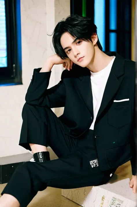 One boy、Young man with black hair（Mash Straight)((Long Hair)），With nape、Long enough to cover the earale K-Pop Idols、Levi Ackerman、Medium portrait、chop、Beautiful Model、Oval Face、Vivid、Cafe、（In a dark room）、The whole body is shown、((Full body photo))