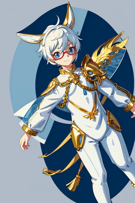 a boy with striking white hair、the bunny ears are very big、golden armor、siamese、smile、mechanical blue glasses and clothing、cente...