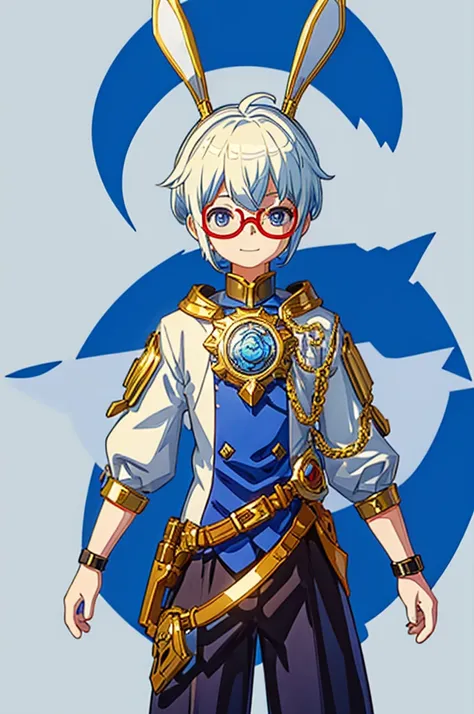 A boy with striking white hair、The bunny ears are very big、Golden armor、Siamese、Smile、Mechanical blue glasses and clothing、Center the character，Complete body，Background white