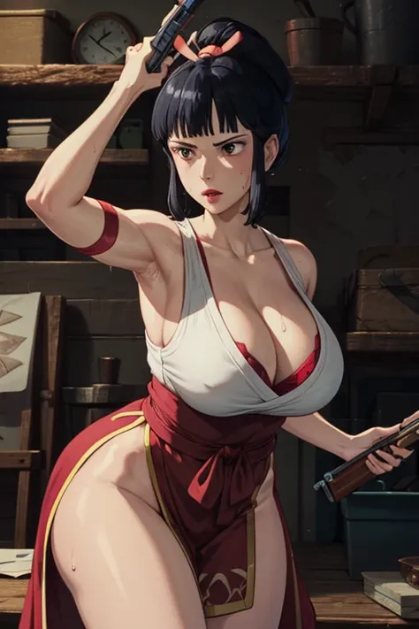 masterpiece, Highest quality,  Unreal Engine,  Super Resolution,  Very detailed, 

One Woman, Lady Eboshi from Princess Mononoke, Cleavage, Physical Beauty, (Muscular:0.8), (Big Breasts), bold, Lips parted,  Observe the audience, 

In a dynamic pose,  Cowb...