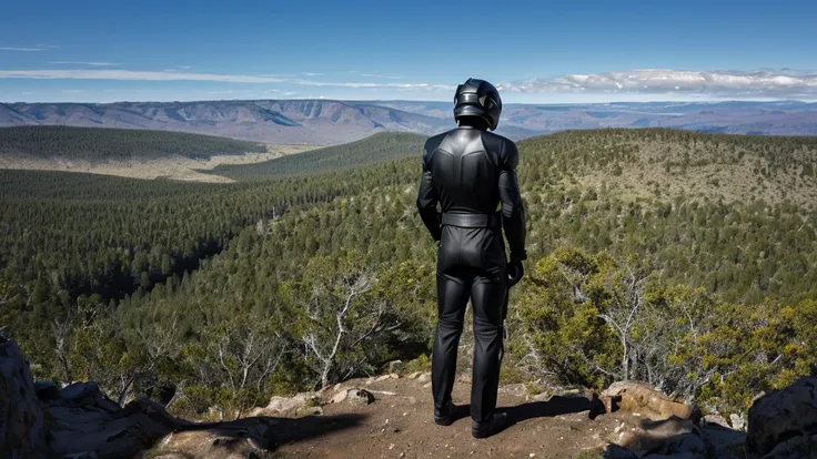 a luxury sales suit man wearing a black rider full-face helmet overlooking wilderness,full body,standard rider black full face h...