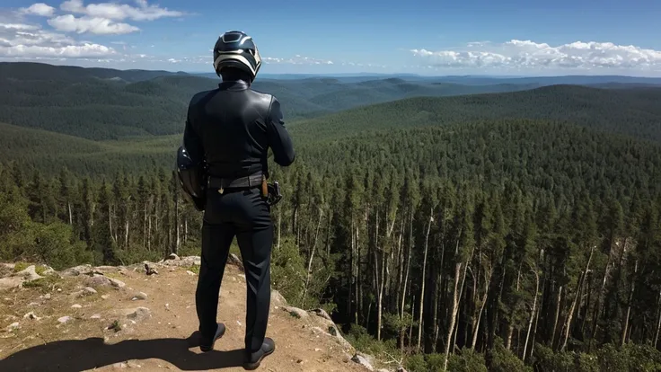 a luxury sales suit man wearing a black rider full-face helmet overlooking wilderness,full body,standard rider black full face h...