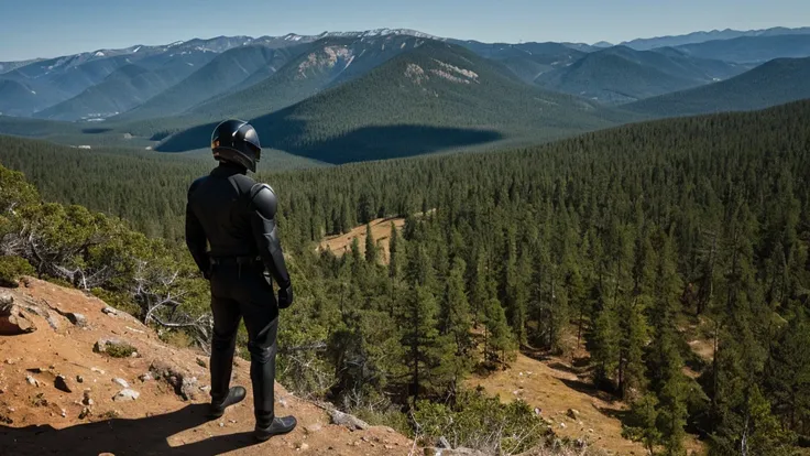 a luxury sales suit man wearing a black rider full-face helmet overlooking wilderness,full body,standard rider black full face h...