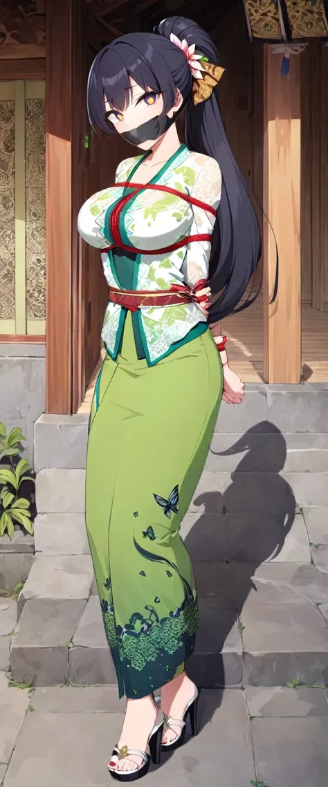 score_9, score_8_up, source_anime, 1girl, solo,The photo features a woman standing in traditional decorations. She is wearing traditional attire consisting of a light green kebaya with lace trim and a long green skirt with batik or butterfly patterns. The ...