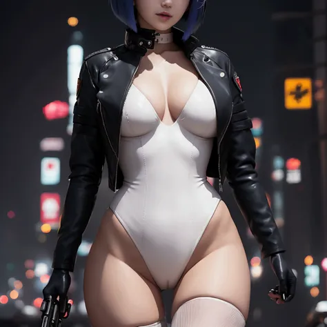 High resolution photo of a woman、Beautiful woman in a bare-chested white leotard、Dark blue bob hair、bangs、stockings、High heel boots、Holds a gun from the future、Black leather jacket、Army Jacket、ghost in the Shell、Motoko Kusanagi、City of the Future、Wear a be...