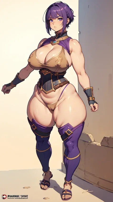 (masterpiece), best quality, female warrior, huge girl, female muscular:1.2, shoulder armor, pauldron, (curvy:1.7), (((blank background))), ((full body)), fingerless gloves, sandals, sleeveless, covered nipples, ((buzzcut hairstyle)), purple hair, hair ove...